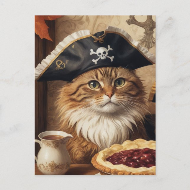 Thanksgiving Pirate Cat With Pie Postcard (Front)