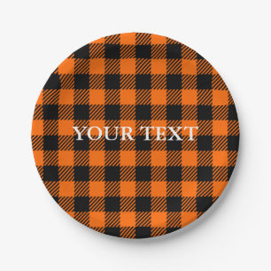 Thanksgiving Plaid Pattern In Black And Orange Paper Plate
