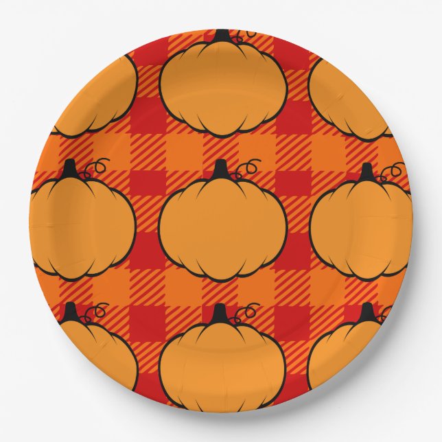 Thanksgiving Plaid Pumpkin Drawing Paper Plate (Front)