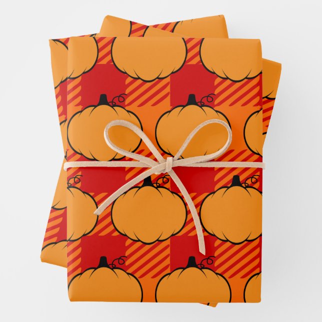 Thanksgiving Plaid Pumpkin Drawing Wrapping Paper Sheet (In situ)