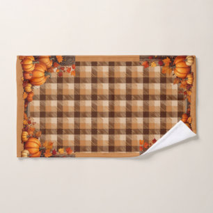 Thanksgiving Plaid with Pumpkin Border Hand Towel