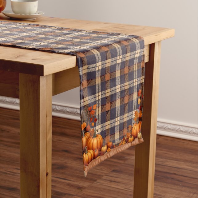 Thanksgiving Plaid with Pumpkin border Long Table Runner (In Situ)