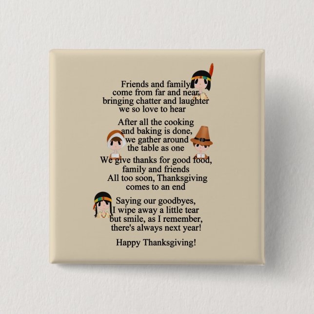 Thanksgiving poem Holiday Indians Pilgrims 2 Inch Square Button (Front)