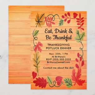 Thanksgiving Potluck Dîner Orange Wood Invitation