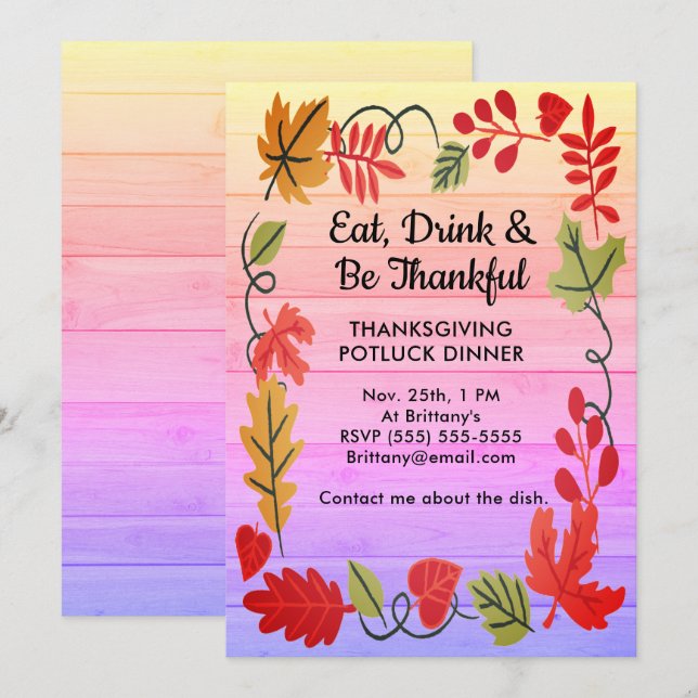 Thanksgiving Potluck Dinner Colourful Wood Invite (Front/Back)