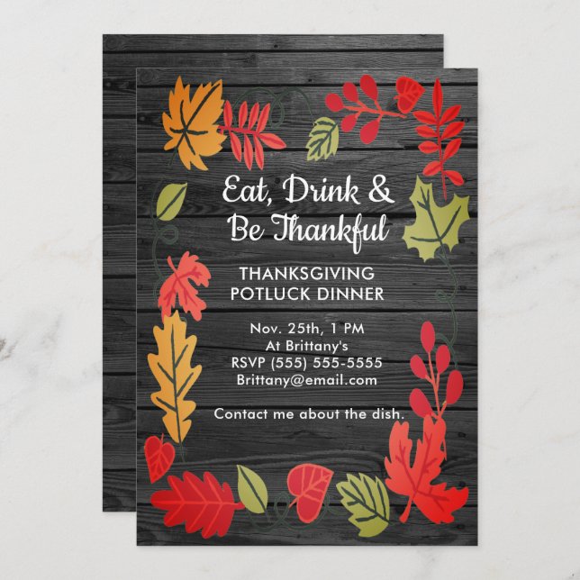 Thanksgiving Potluck Dinner Dark Grey Wood Invite (Front/Back)