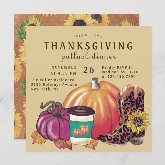 Thanksgiving Potluck Dinner Sunflower Pumpkin Invitation (Front/Back)