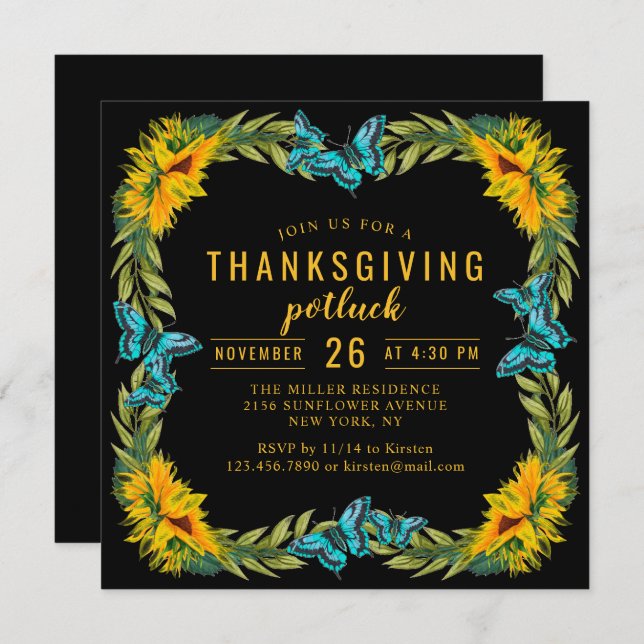 Thanksgiving Potluck Dinner Watercolor Sunflowers Invitation (Front/Back)