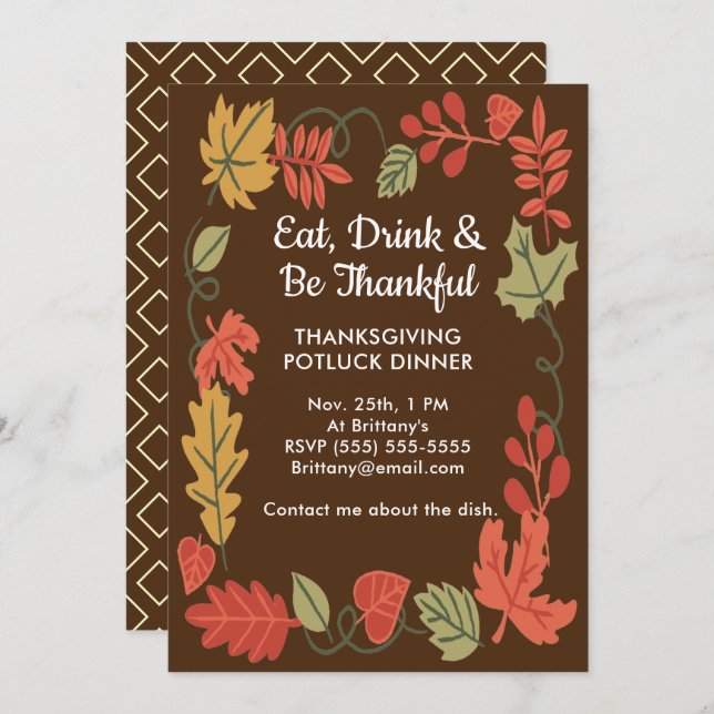 Thanksgiving Potluck Family Dinner DK Brown Invite (Front/Back)