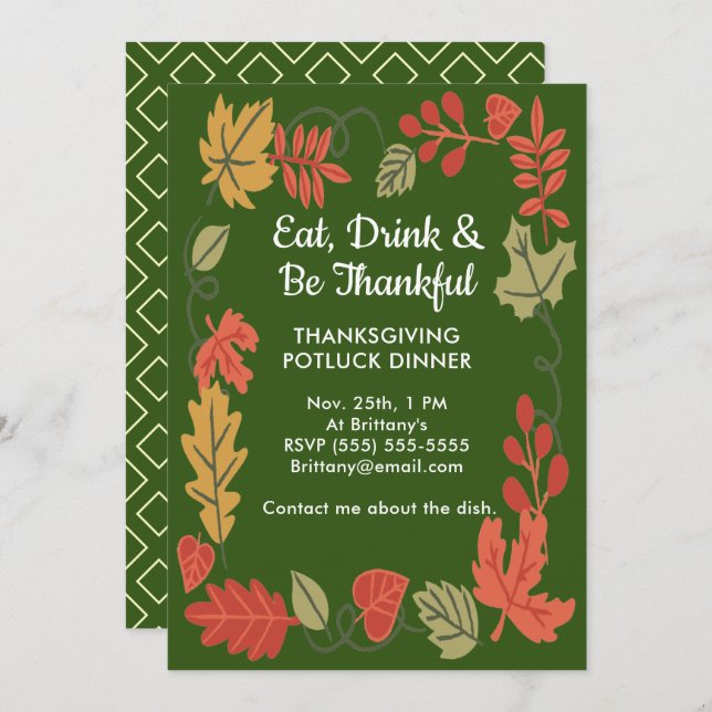 Thanksgiving Potluck Family Dinner DK Green Invite (Front/Back)
