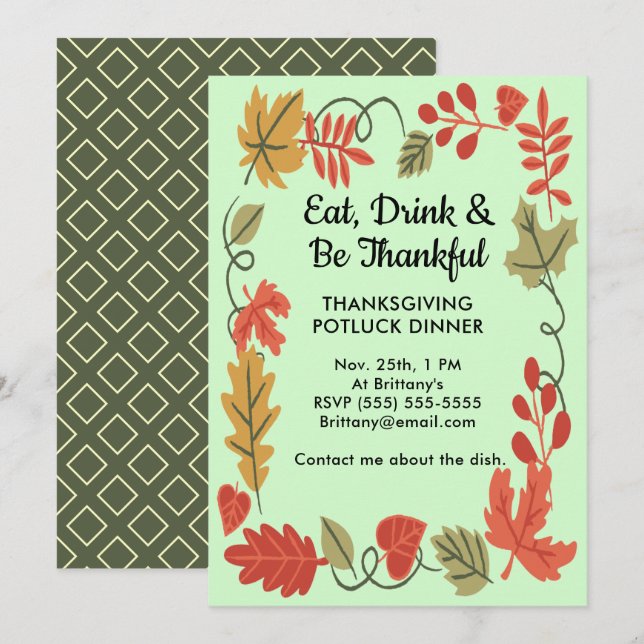 Thanksgiving Potluck Family Dinner Green Invite (Front/Back)