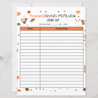 Thanksgiving Potluck Sign Up Sheet For Holiday 