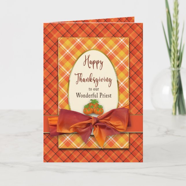 Thanksgiving Priest Orange Plaids and Bow Card (Front)