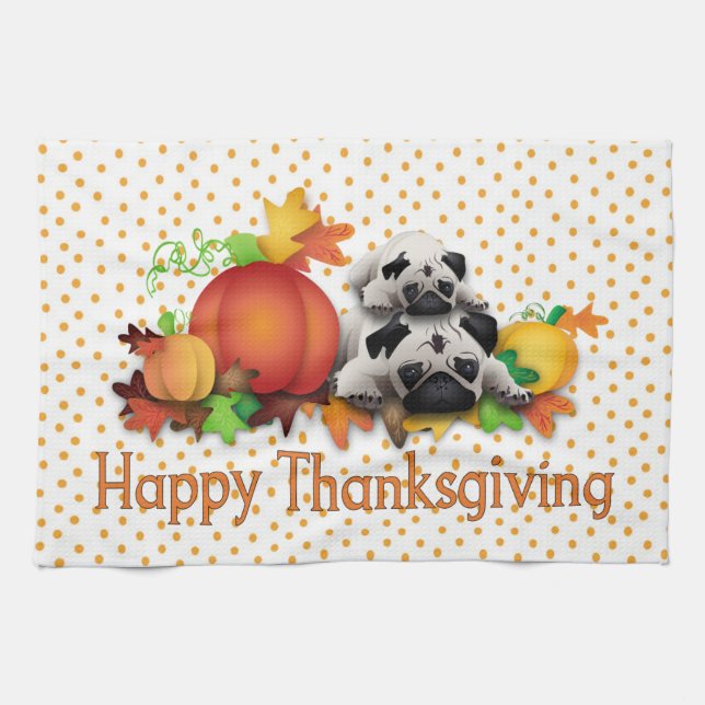 Thanksgiving Pugs and Pumpkins Gifts, Tees Kitchen Towel (Horizontal)