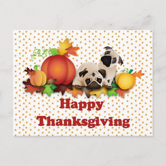 Thanksgiving Pugs and Pumpkins Holiday Postcard (Front)