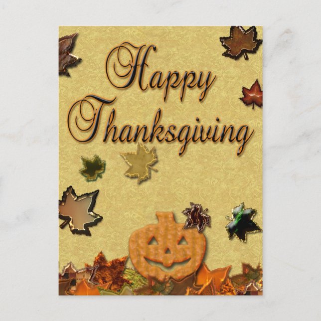 Thanksgiving Pumpkin and Leaves Holiday Postcard (Front)