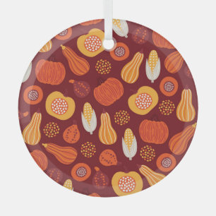 Thanksgiving Pumpkin Brown Seamless Pattern. Glass Ornament