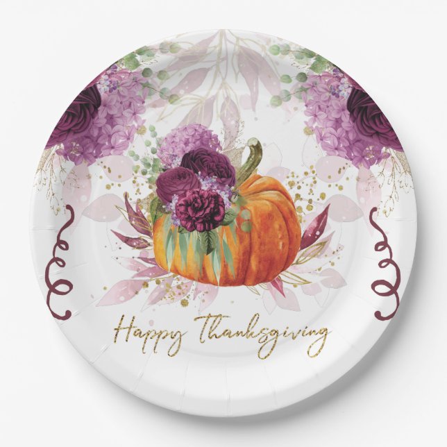 Thanksgiving Pumpkin Burgundy details Paper Plate (Front)