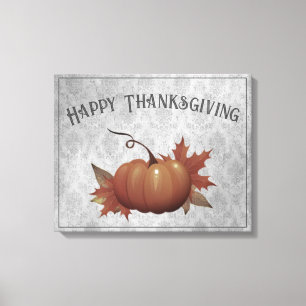 Thanksgiving Pumpkin Damask Grey Canvas Print