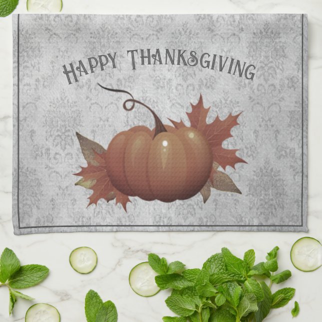 Thanksgiving Pumpkin Damask | Grey Kitchen Towel (Folded)