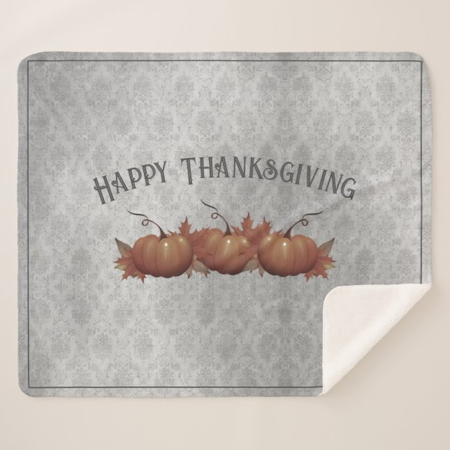 Thanksgiving Pumpkin Damask | Grey Sherpa Blanket (Front (Horizontal))