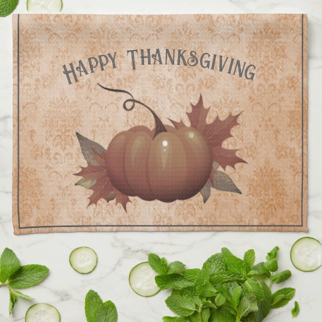 Thanksgiving Pumpkin Damask | Orange Kitchen Towel (Folded)