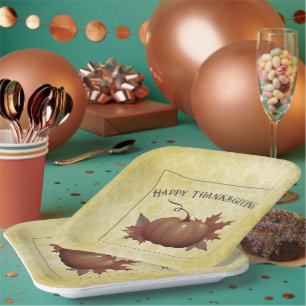 Thanksgiving Pumpkin Damask Yellow Paper Plate