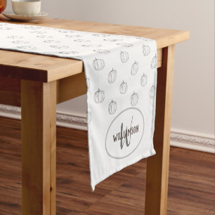 Thanksgiving Pumpkin Drawing with  Monogram l Name Short Table Runner