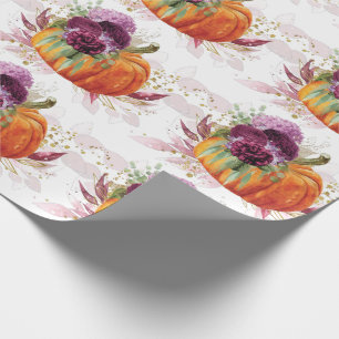 Thanksgiving Pumpkin Floral Burgundy details Wrapping Paper
