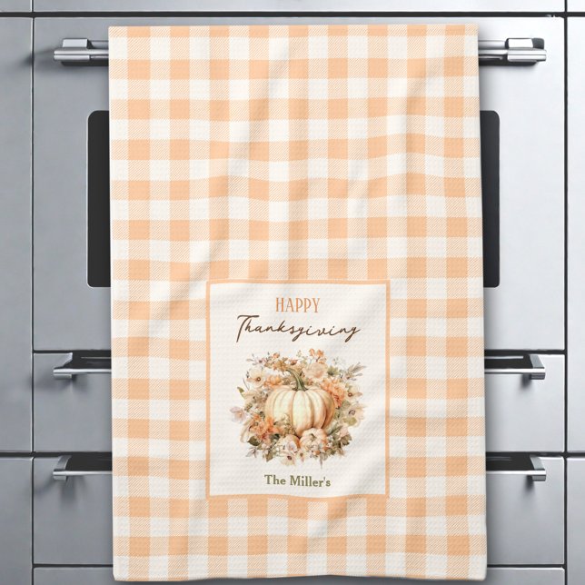 Thanksgiving Pumpkin Gingham Pastel Orange Name Kitchen Towel (Thanksgiving Pumpkin Gingham Pastel Orange Name Kitchen Towel)