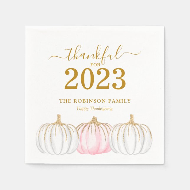 Thanksgiving Pumpkin Gold Script Personalized Napkin (Front)