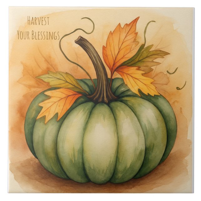 Thanksgiving, Pumpkin, Harvest You Blessings  Tile (Front)