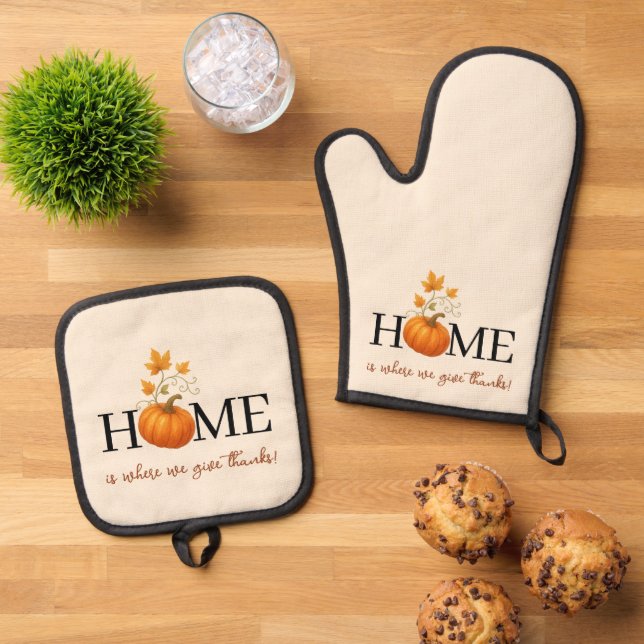 Thanksgiving Pumpkin Home is Where We Give Thanks Oven Mitt & Pot Holder Set (Top Down)