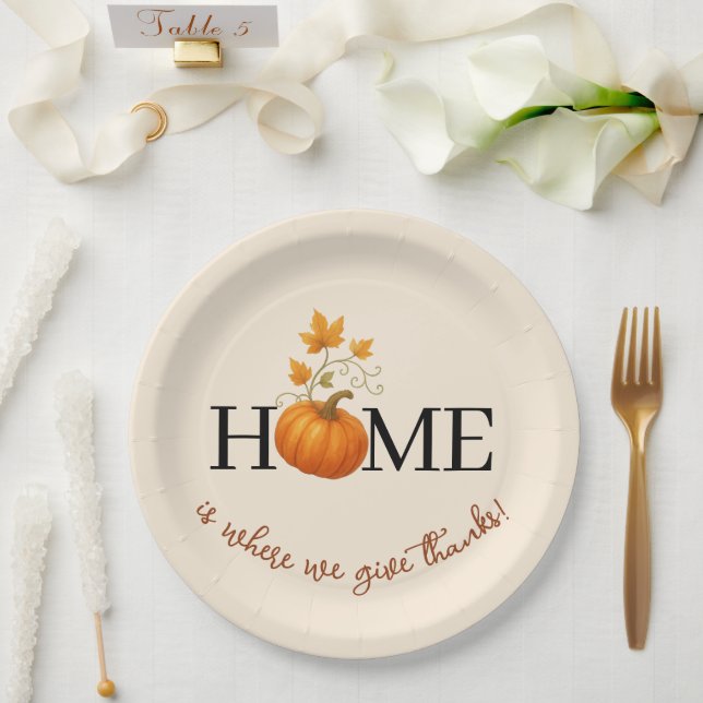 Thanksgiving Pumpkin Home is Where We Give Thanks Paper Plate (Wedding)