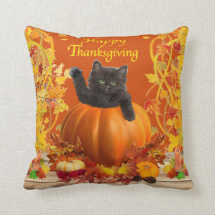 Thanksgiving Pumpkin Kitty Throw Pillow