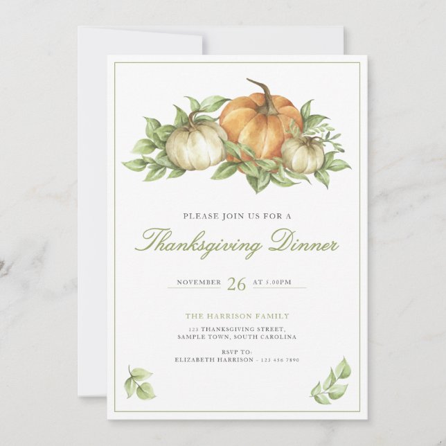 Thanksgiving Pumpkin Leaves Dinner Invitation (Front)