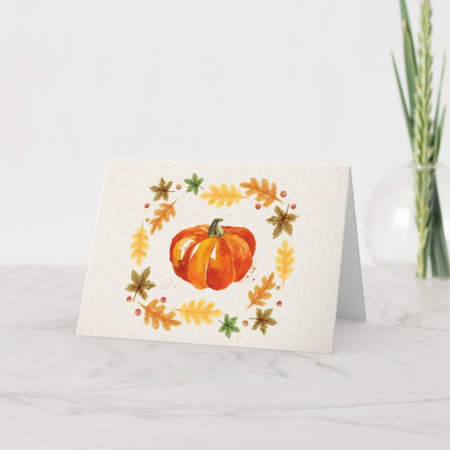 Thanksgiving Pumpkin Leaves Watercolors Holiday Card (Front)