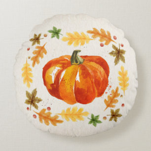 Thanksgiving Pumpkin Leaves Watercolors Round Pillow