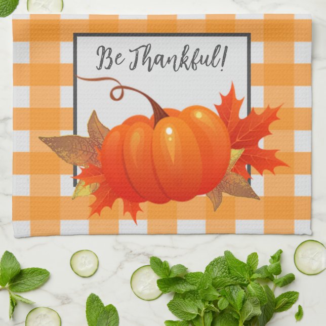Thanksgiving Pumpkin Orange Buffalo Plaid Kitchen Towel (Folded)
