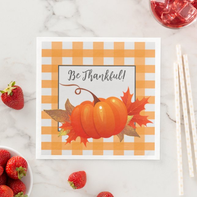 Thanksgiving Pumpkin Orange Buffalo Plaid Napkin (Insitu)