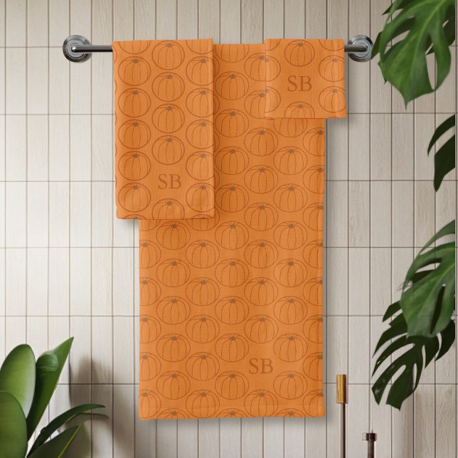 Thanksgiving Pumpkin Pattern Monogram Bath Towel Set (A fun pumpkin pattern bath towel set perfect for your fall bathroom. Just add your initials)
