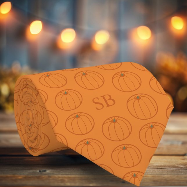 Thanksgiving Pumpkin Pattern Monogram Neck Tie (A fun pumpkin pattern tie with space for your initials.)