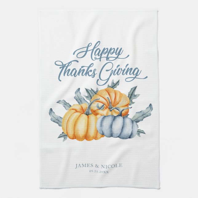 Thanksgiving pumpkin Personalized watercolor Kitchen Towel (Vertical)