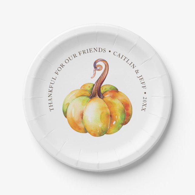 Thanksgiving pumpkin personalized watercolor paper plate (Front)