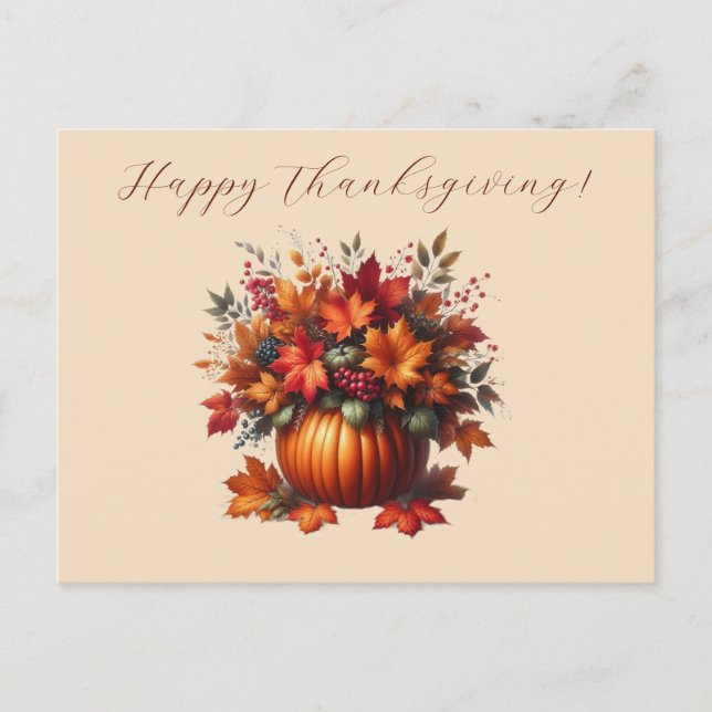 Thanksgiving-Pumpkin with Fall Leaves- Postcard (Front)