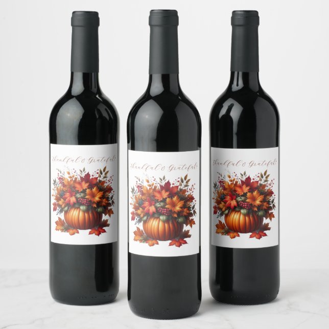 Thanksgiving-Pumpkin with Fall Leaves Wine Label (Bottles)