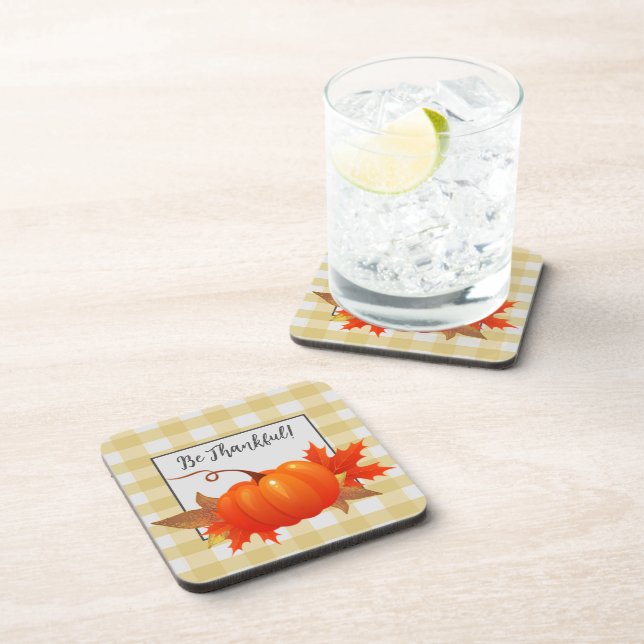 Thanksgiving Pumpkin Yellow Buffalo Plaid Coaster (Right Side)