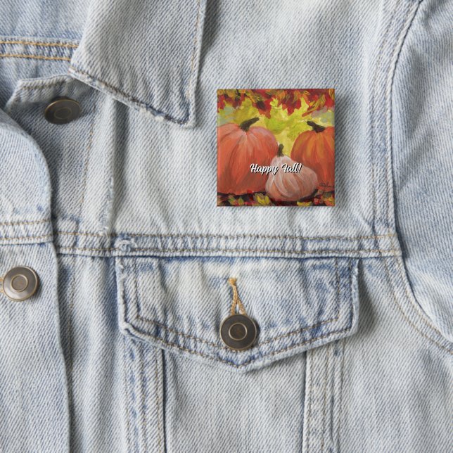 Thanksgiving Pumpkins #2 Fall Autumn Leaves 2 Inch Square Button (In Situ)