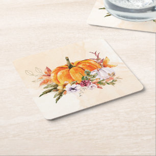 Thanksgiving Pumpkins And Flowers Square Paper Coaster