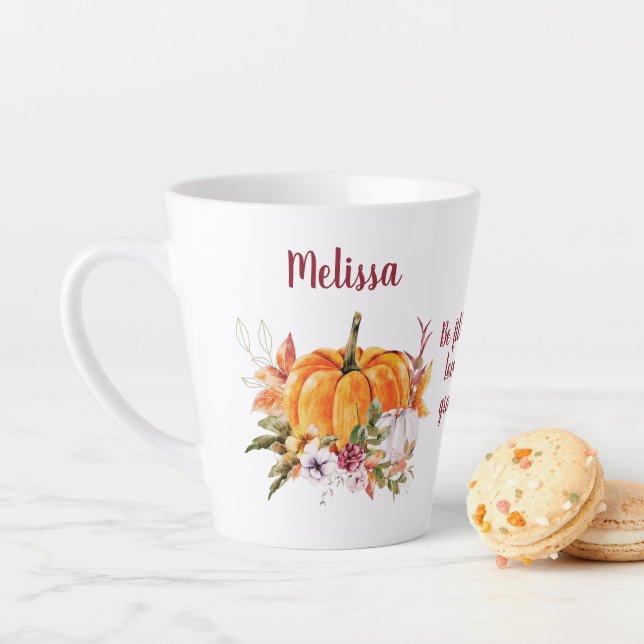 Thanksgiving Pumpkins And Flowers With Text Latte  Mug (In Situ)